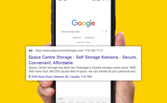Google search ad for Space Centre Storage.